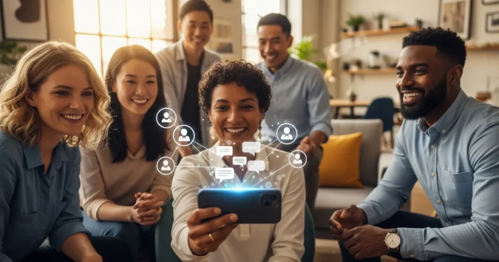 A diverse group of professionals smiling while looking at a smartphone with digital messaging and contact icons floating above it.