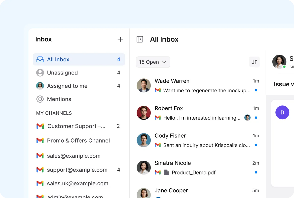 Dashboard of a shared Gmail inbox in a customer communication management software featuring team assignments and mentions for collaborative email handling.