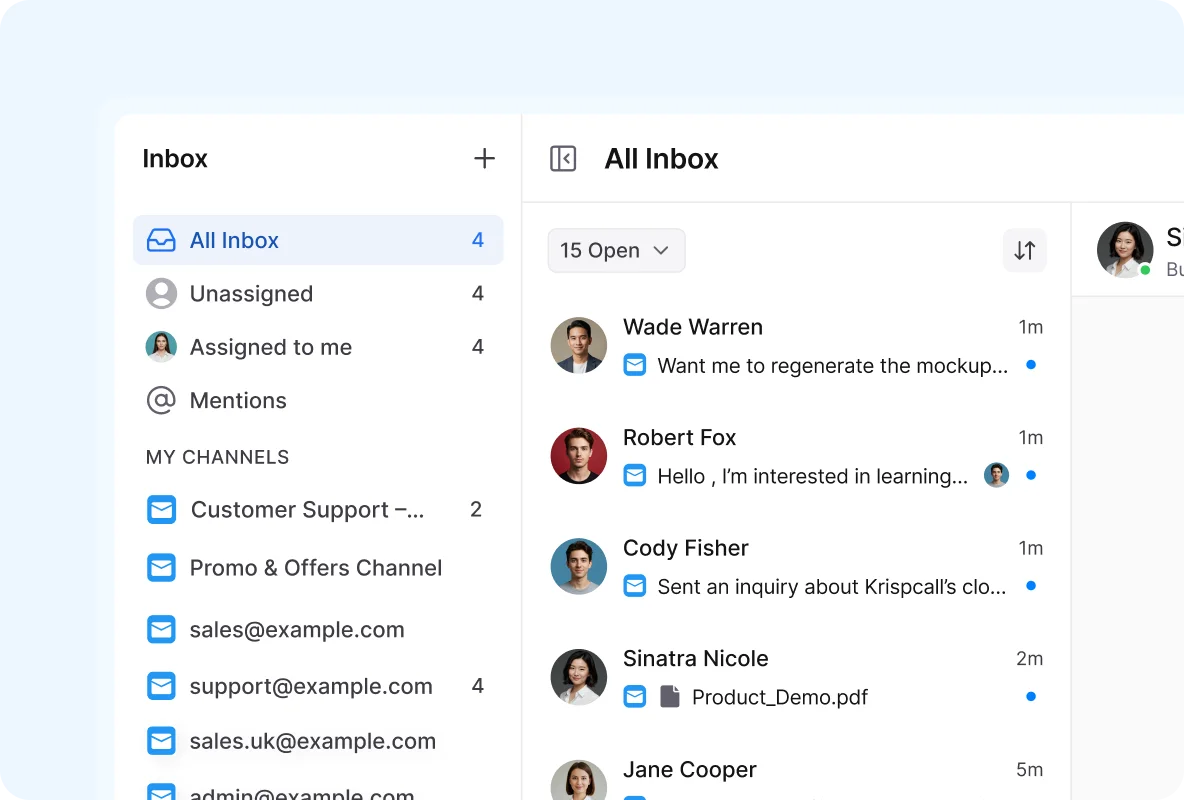 Centralized shared IMAP mailbox in customer communication management software for collaborative team email handling and message assignments.