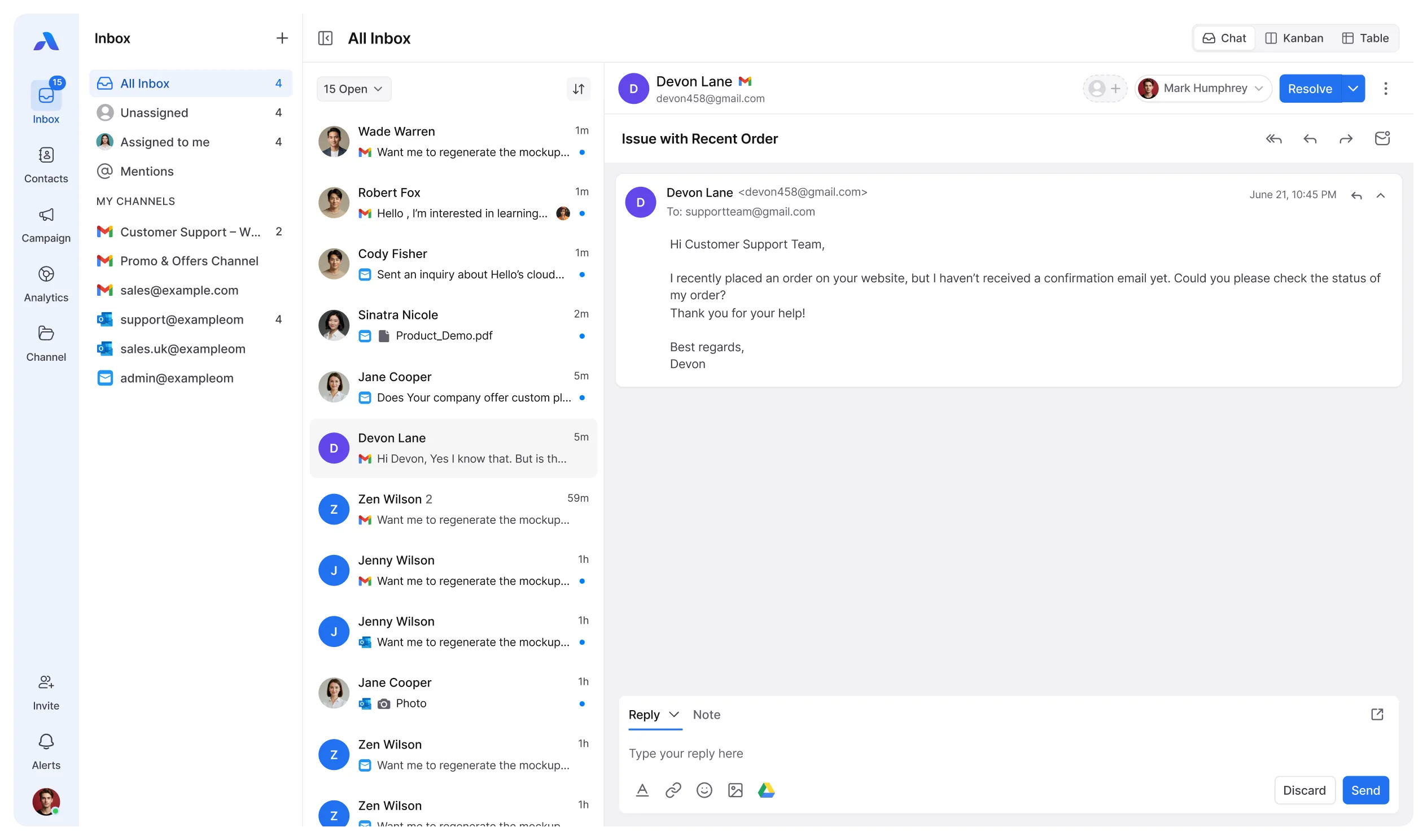 A shared email inbox interface in a customer communication management software allowing teams to collaborate on Gmail and Outlook messages from a unified dashboard.