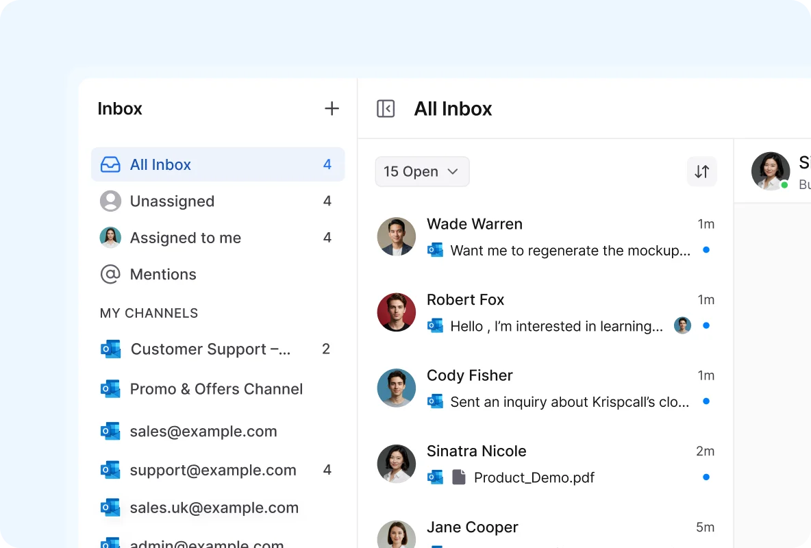 Dashboard of a shared Outlook mailbox for team email management, featuring centralized folders and message assignments for improved collaboration.