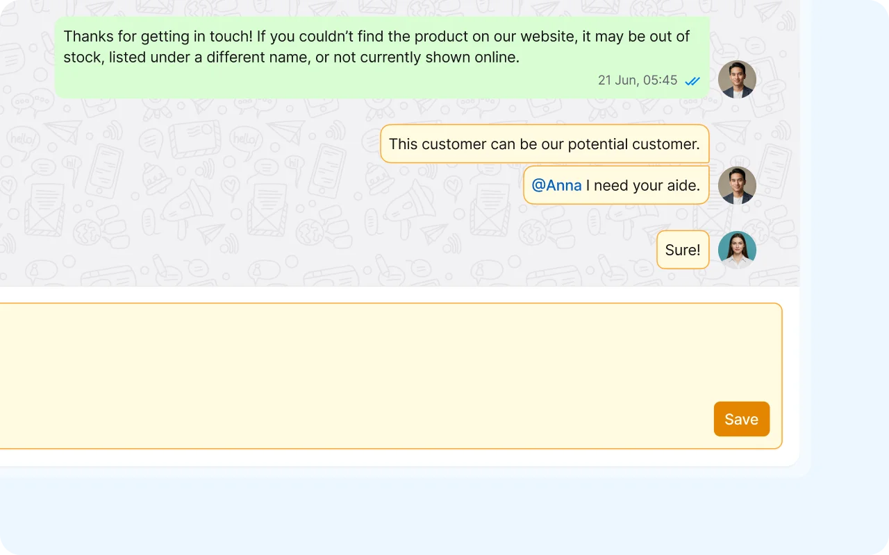 Internal team notes and @mentions within a shared inbox to coordinate customer support privately without sending extra messages.