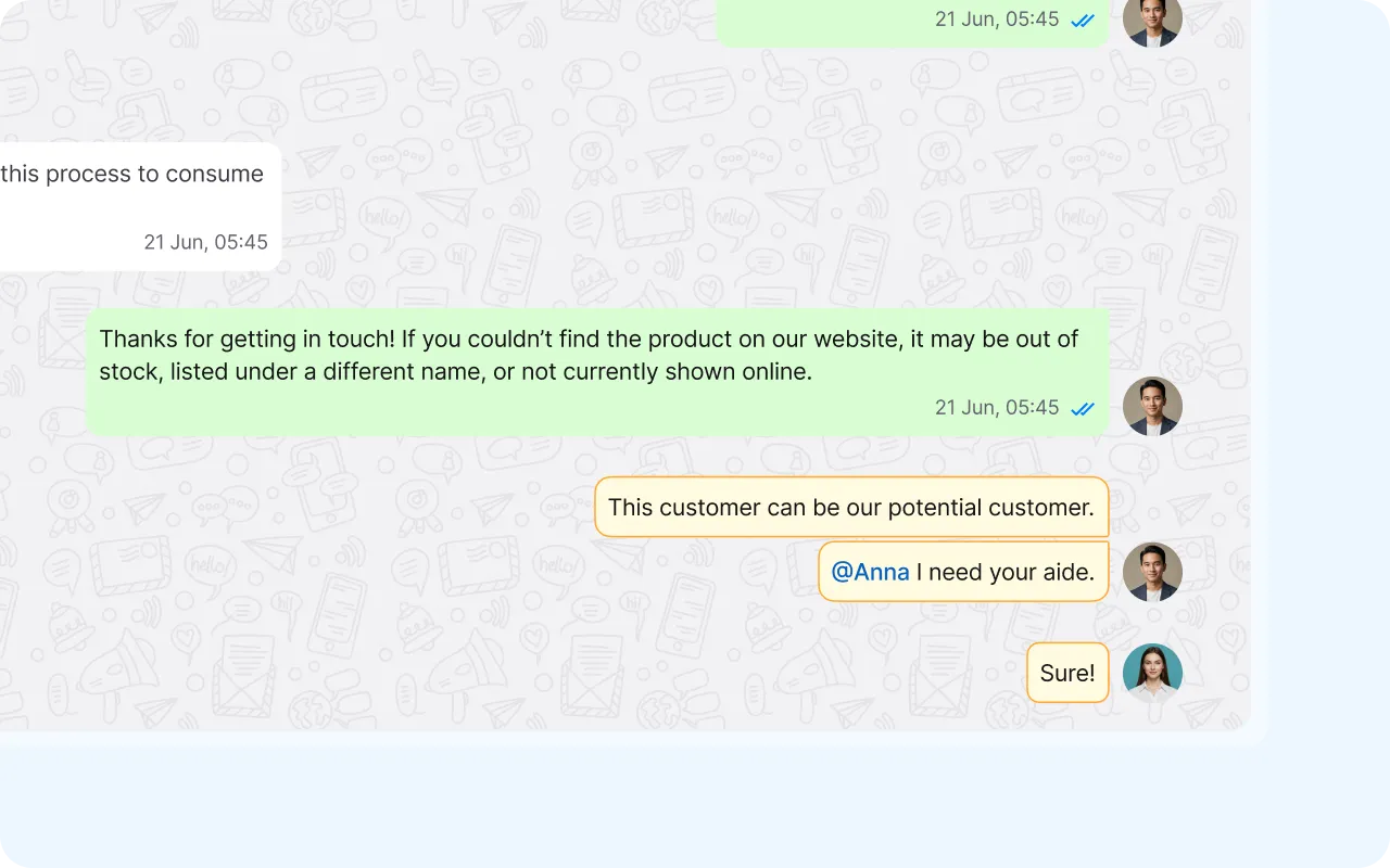 Interface showing threaded context with internal team notes alongside a customer chat for seamless collaboration in a shared inbox.