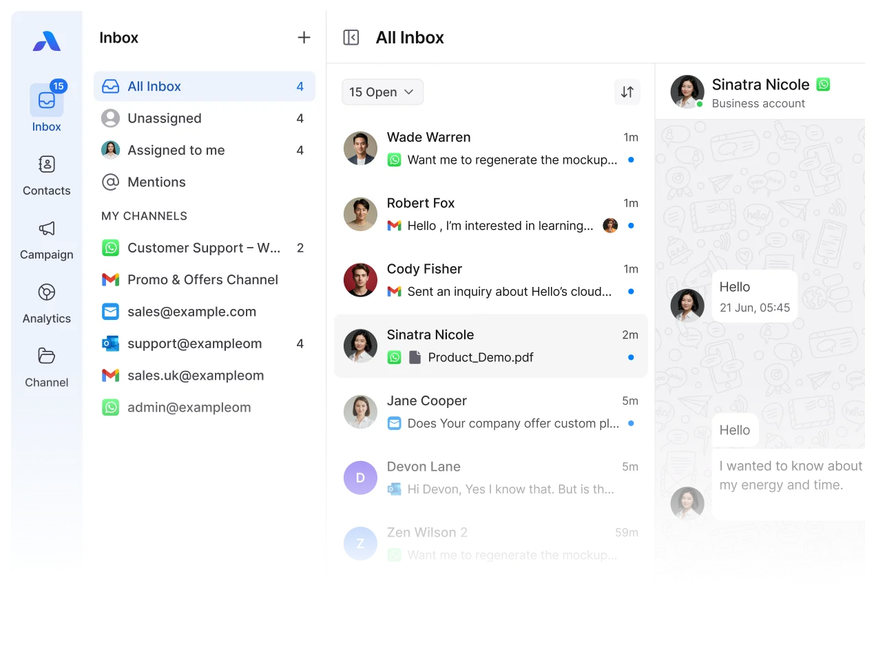 Shared inbox for customer support teams using customer communication management software to resolve WhatsApp and email queries.