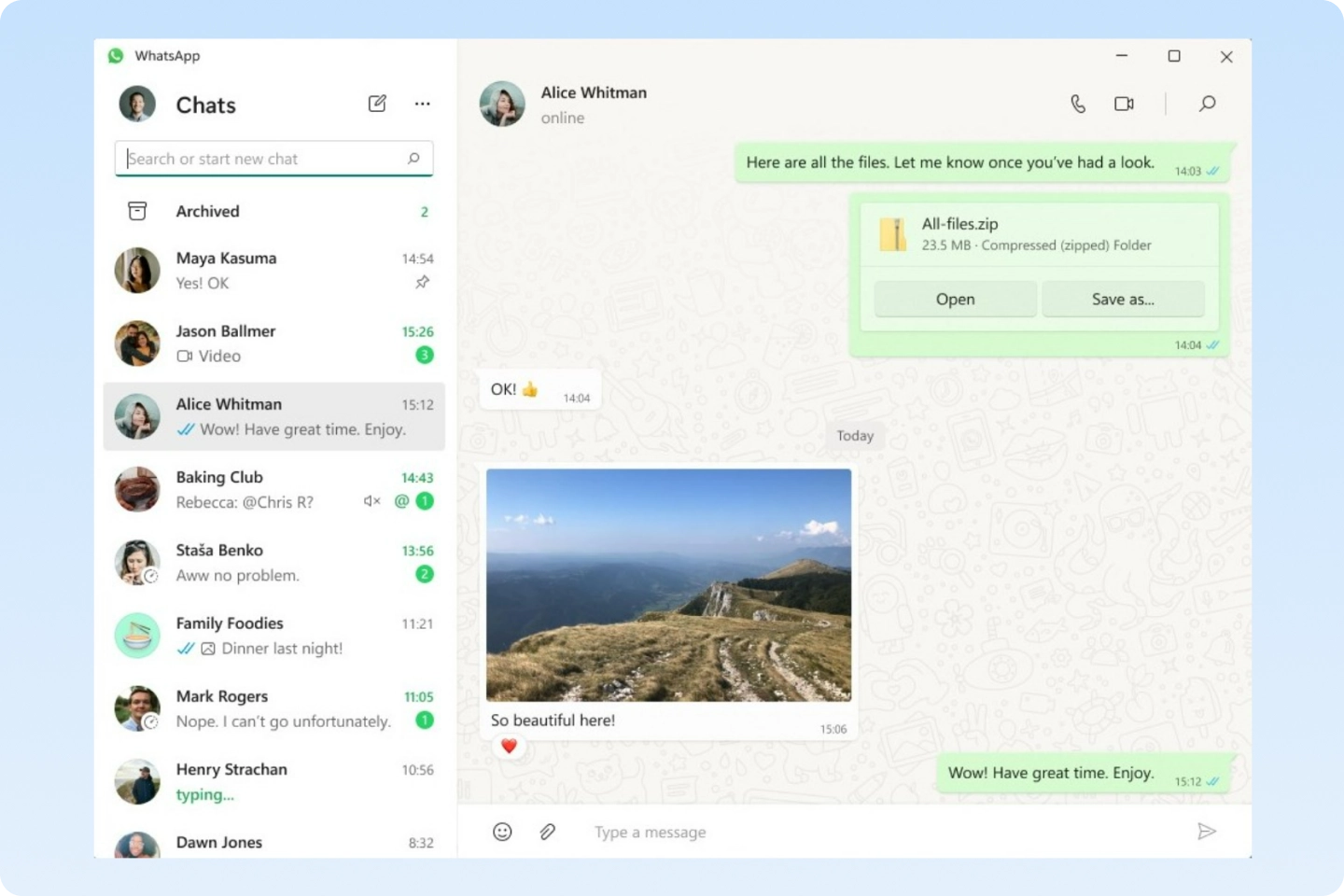 WhatsApp desktop interface highlighting business messaging features, including secure file sharing, multimedia exchange, and organized conversation lists for better customer engagement.