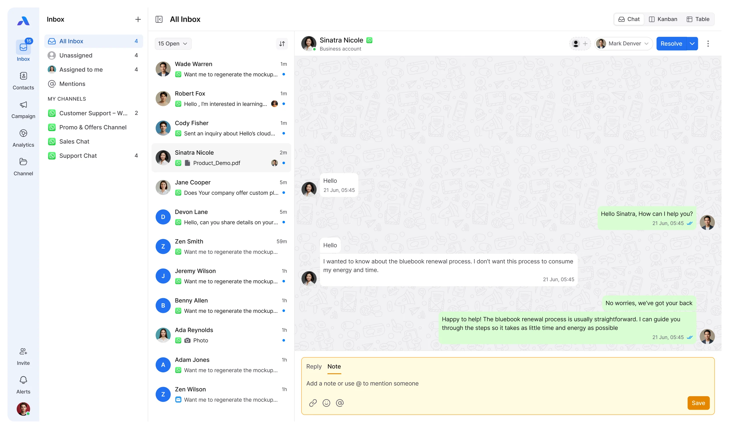 Dashboard interface of Airchannel.ai customer communication management software showing a centralized WhatsApp inbox for managing business chats, team assignments, and real-time customer support interactions.