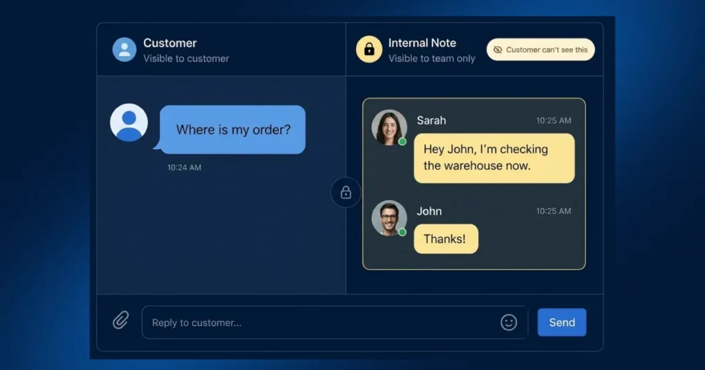 A split-screen shared inbox showing a customer chat on the left and private internal team notes on the right.