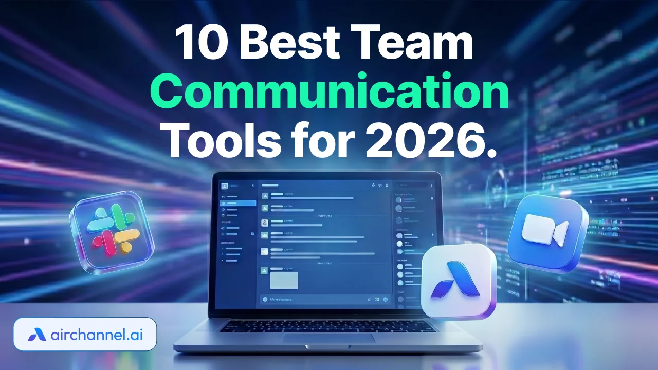 A laptop displaying a software dashboard surrounded by Slack, Zoom, and Airchannel.ai logos for the best team communication tools for 2026.