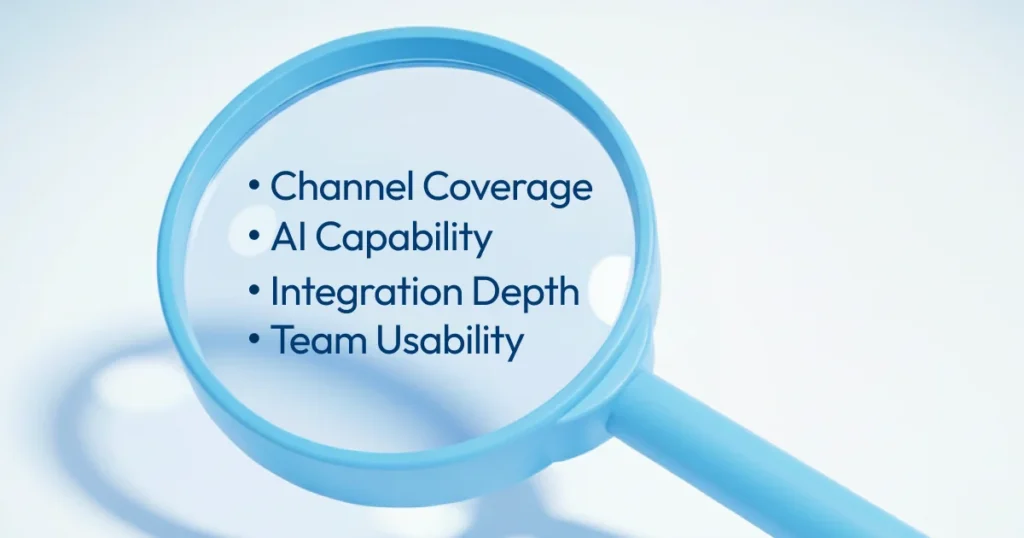 A magnifying glass focusing on four key selection criteria for customer communication tools: Channel Coverage, AI Capability, Integration Depth, and Team Usability.