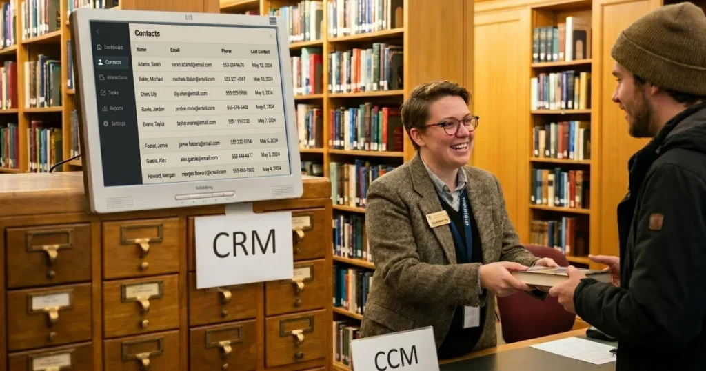 A visual analogy for CCM vs CRM showing a library card catalog (CRM) as data storage and a librarian (CCM) providing direct customer communication.