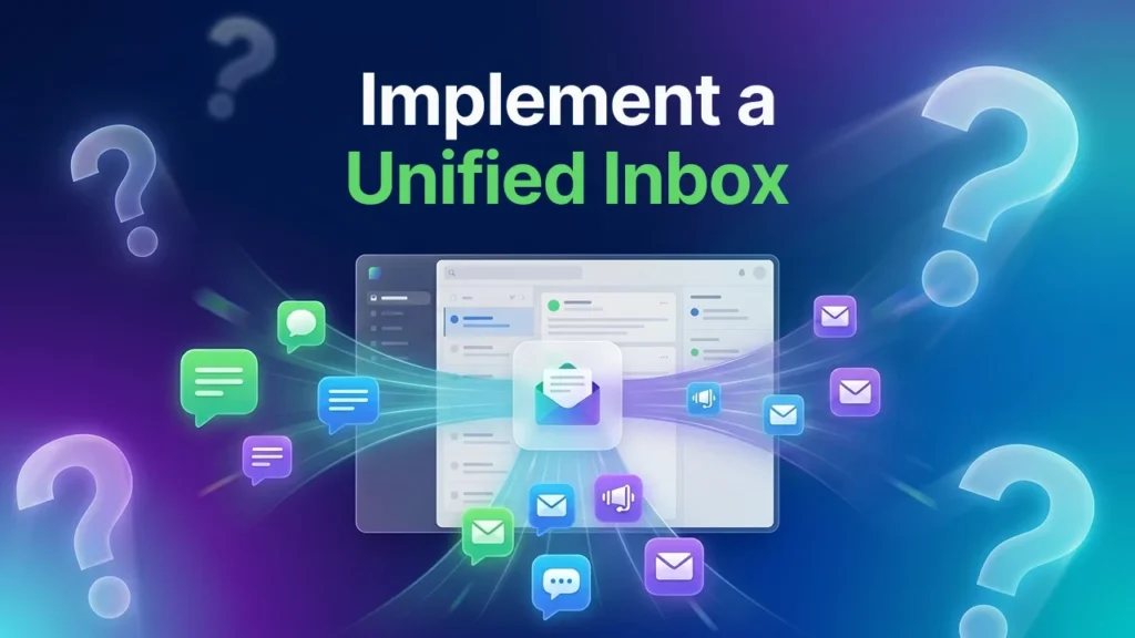 A step-by-step visual guide on how to implement a unified inbox for customer support, showing icons for WhatsApp, email, and SMS merging into one central dashboard.