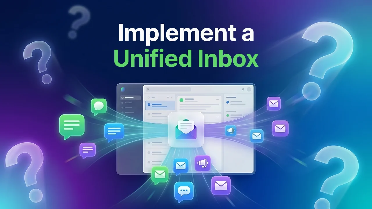 A step-by-step visual guide on how to implement a unified inbox for customer support, showing icons for WhatsApp, email, and SMS merging into one central dashboard.