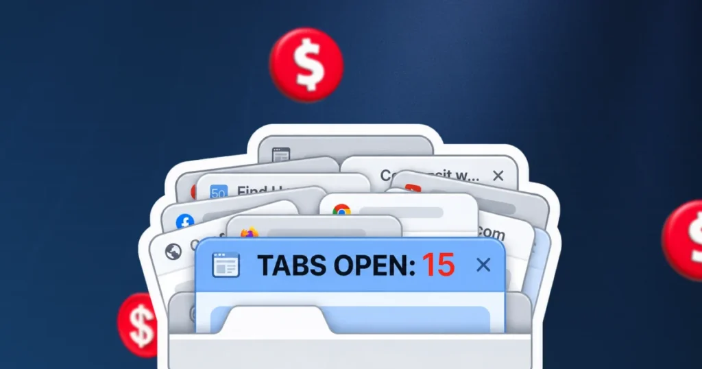 Visual representation of the tab-switching tax showing 15 open browser tabs and falling dollar signs to illustrate the high cost of disconnected customer support tools.