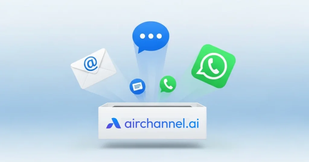 Diagram showing the Airchannel.ai unified inbox merging email, WhatsApp, and SMS chat into one central customer communication tool.